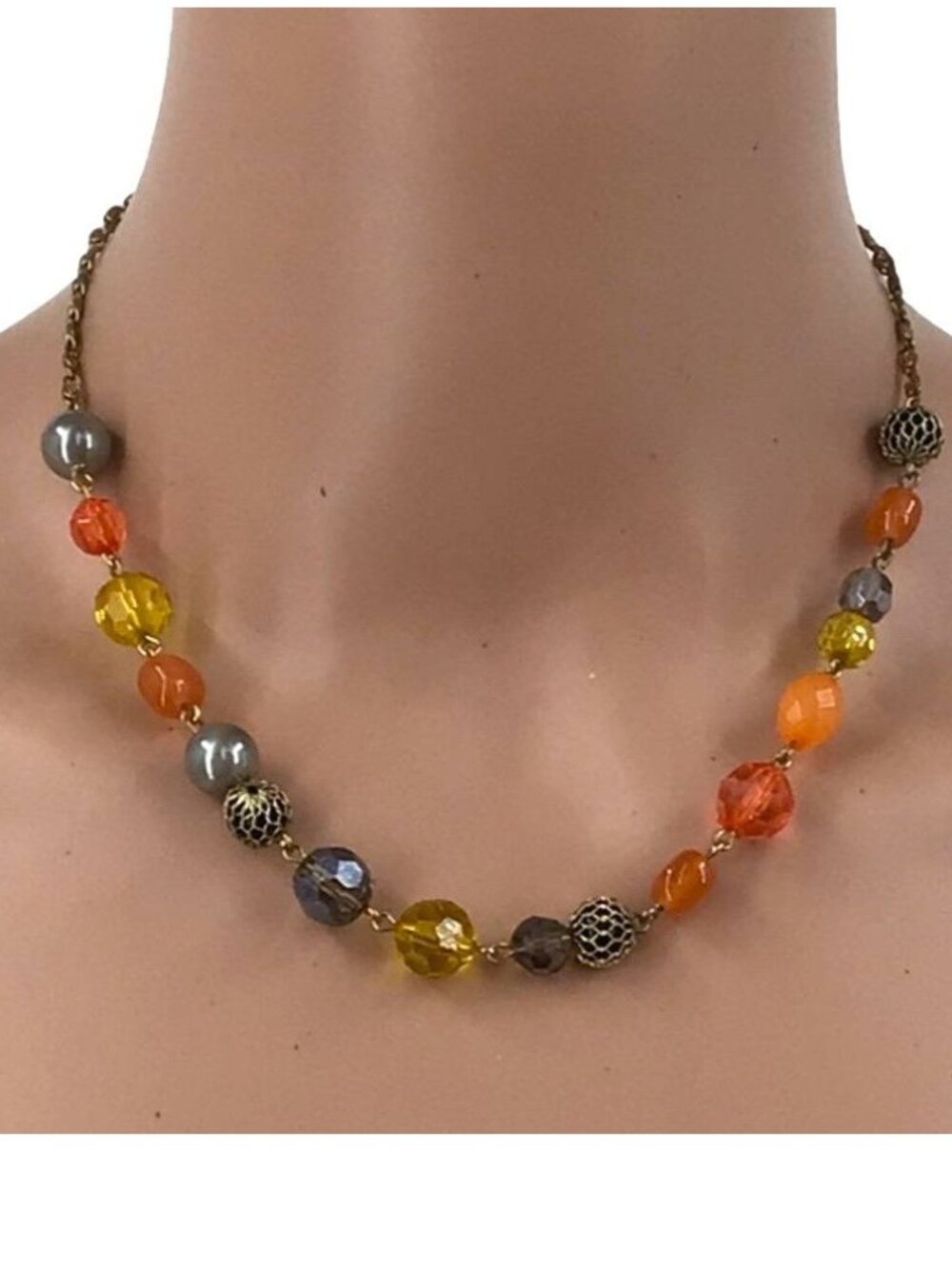 Rachel Beaded Necklace 17 Inch Length Gold Tone Chain Orange Gray